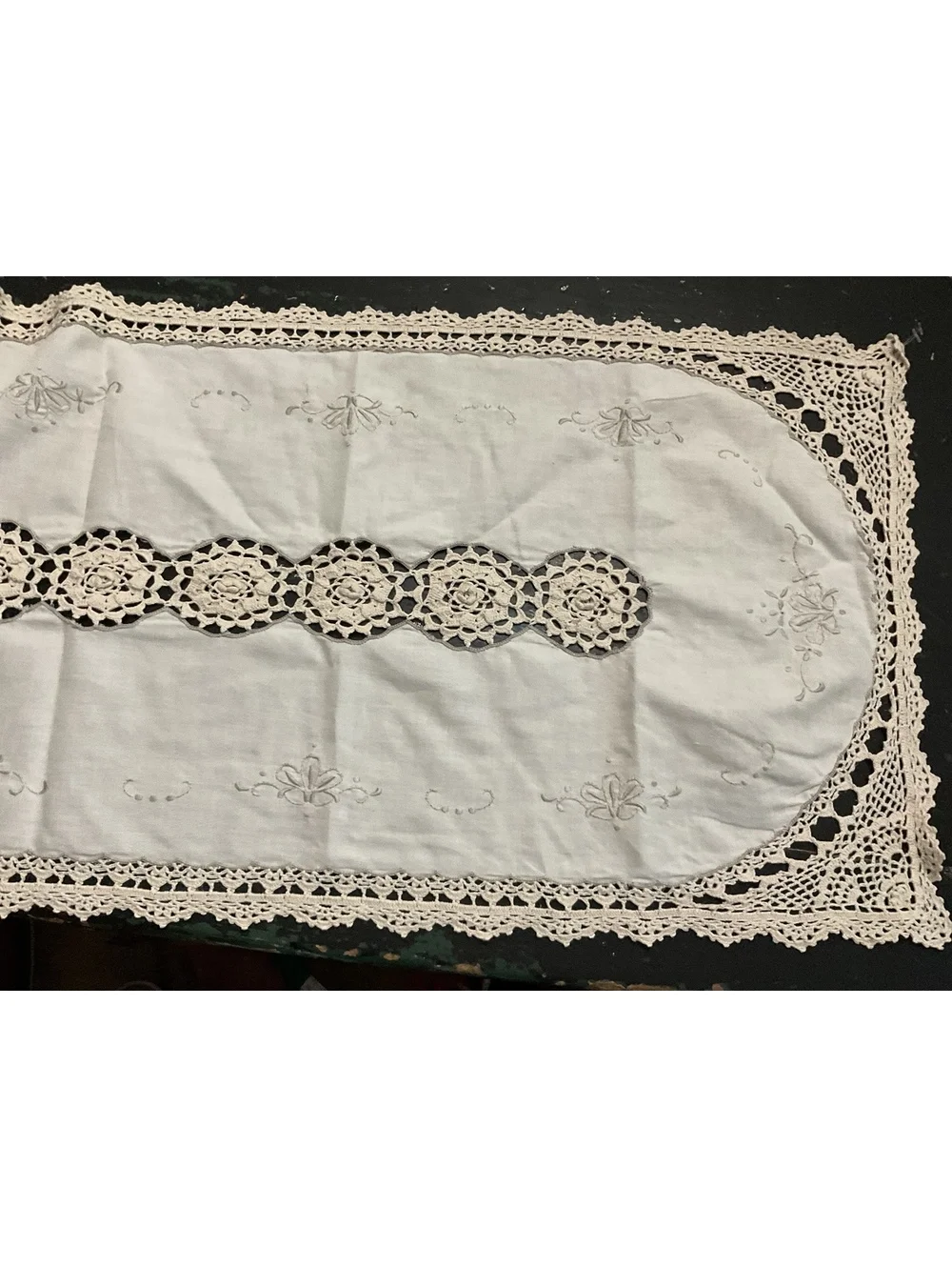 Handcrafted Embroidered Linen Table Runner with Crochet Lace 52” x 14 1/2”